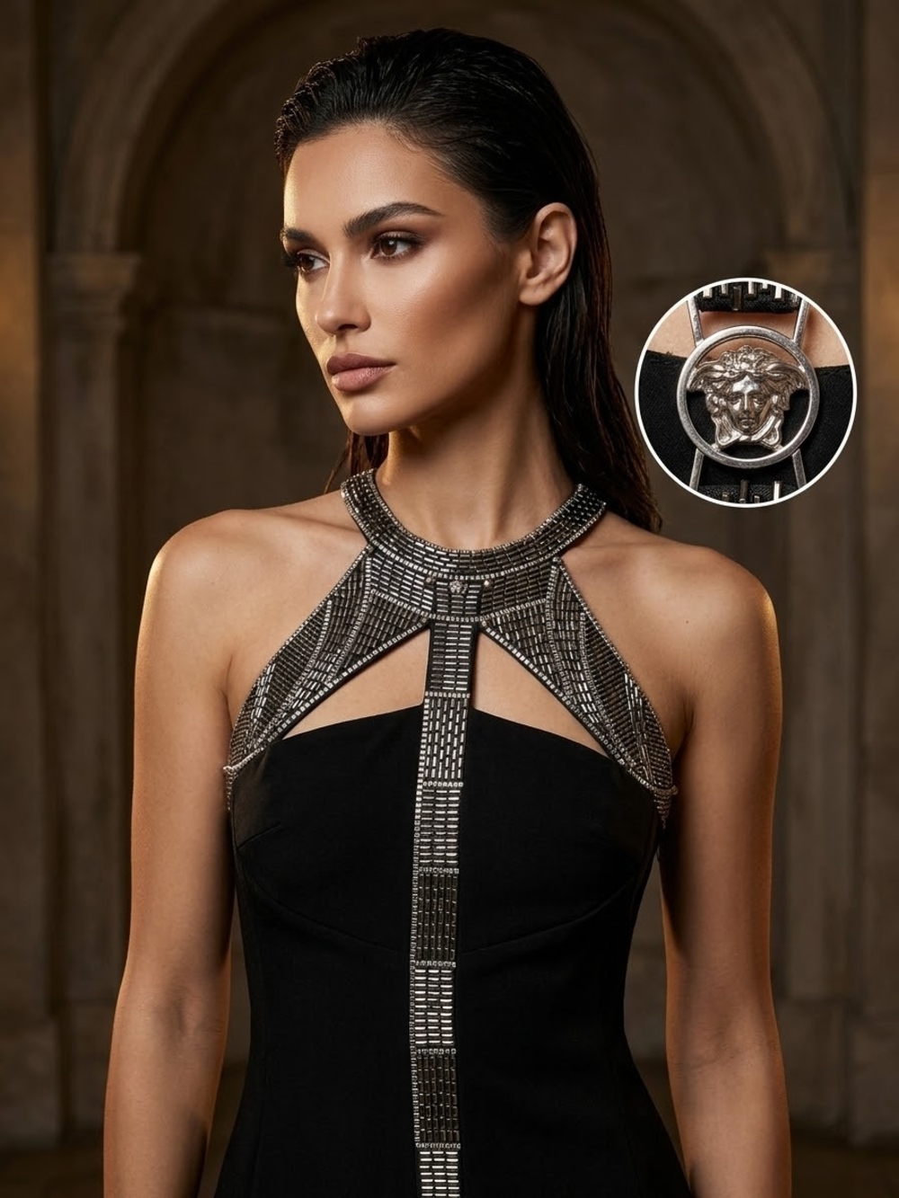 RARE Versace Collection Embellished Black Cocktail Dress with Medusa
